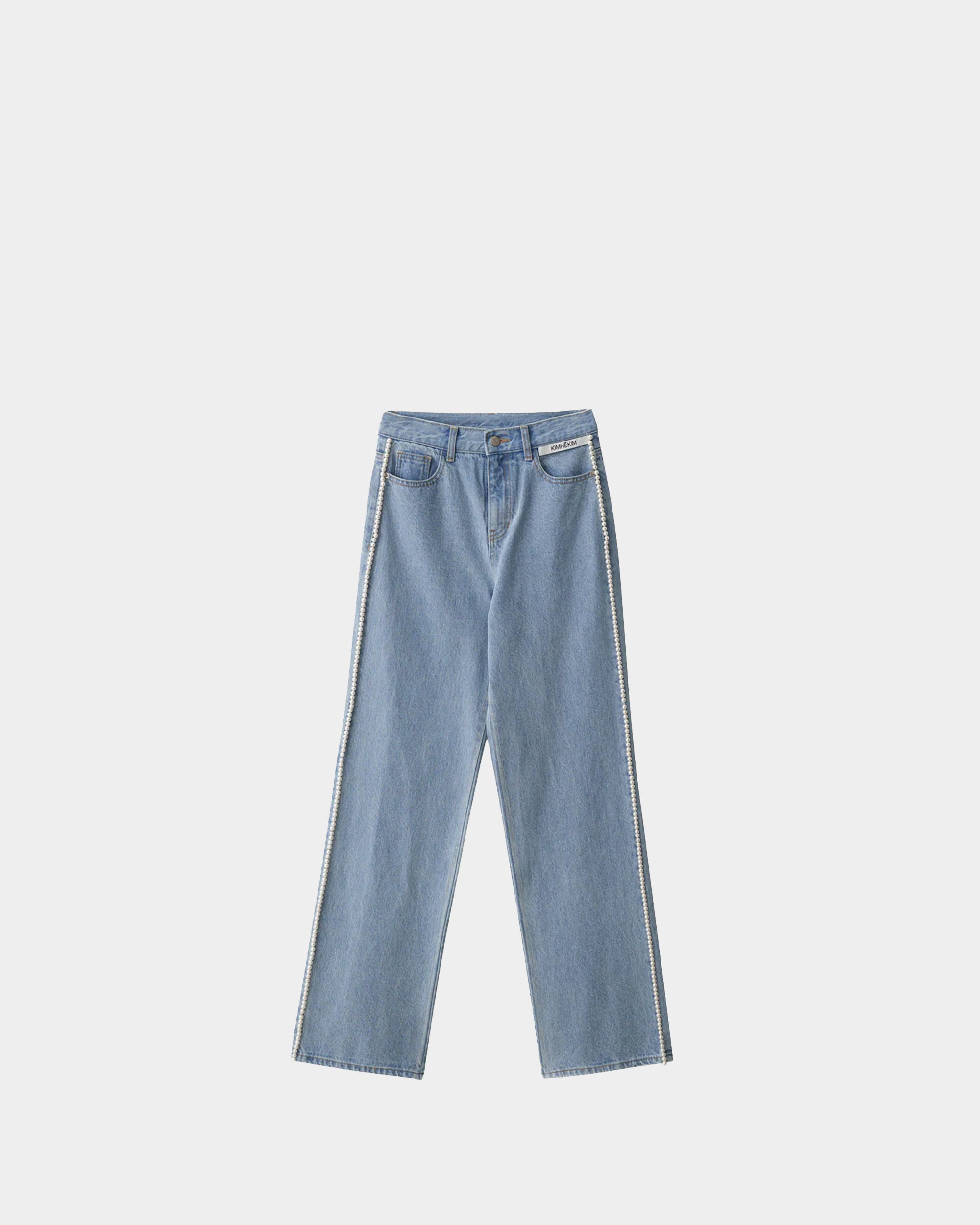 珍珠飾邊直筒牛仔褲