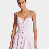 BALMAIN 粉色千鳥格吊帶 A 字洋裝