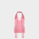 BALMAIN 粉色緞面流蘇露背上衣