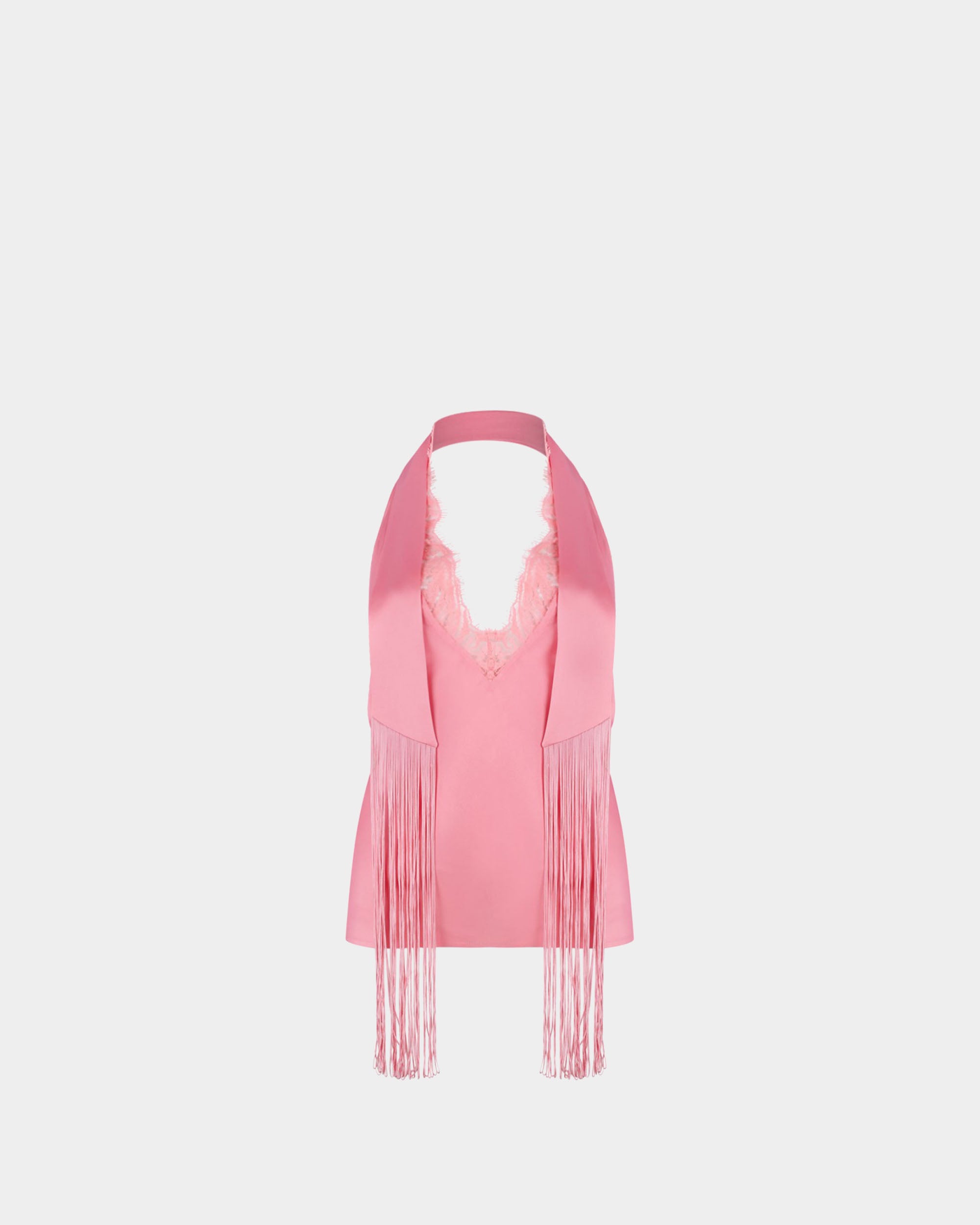 BALMAIN 粉色緞面流蘇露背上衣