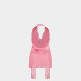 BALMAIN 粉色緞面流蘇露背上衣