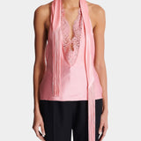 BALMAIN 粉色緞面流蘇露背上衣