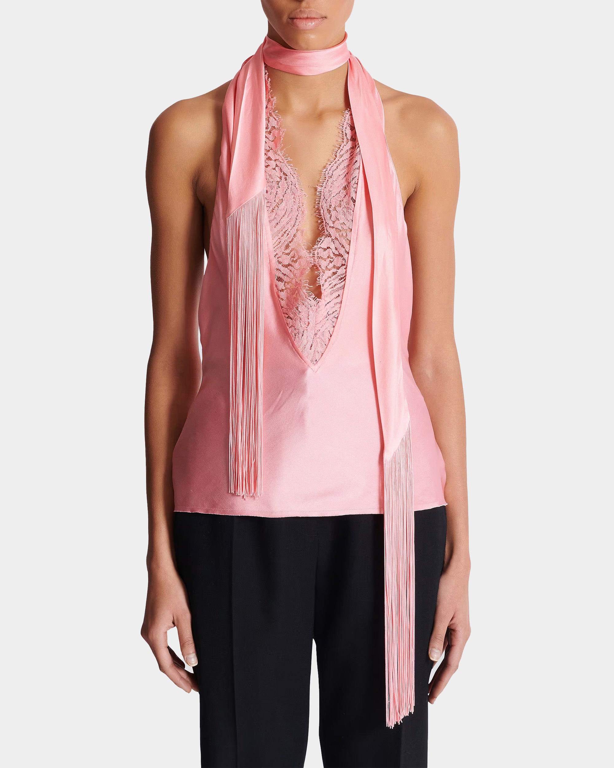 BALMAIN 粉色緞面流蘇露背上衣