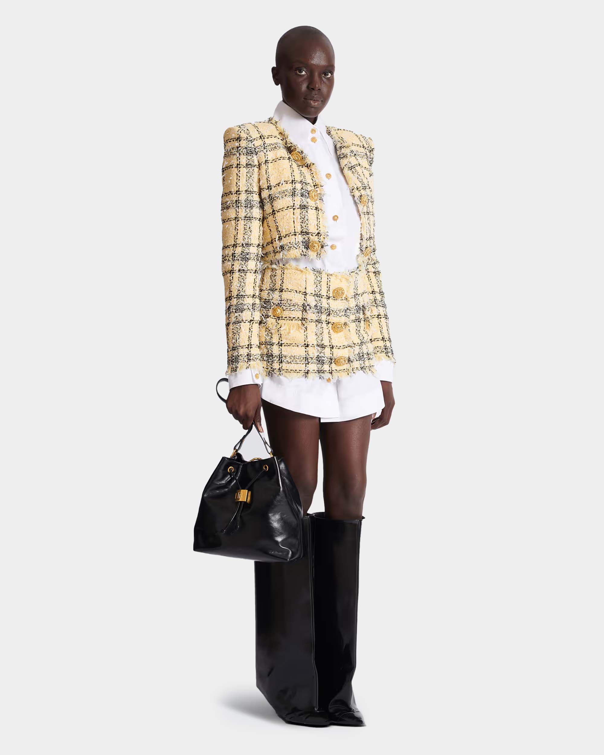 BALMAIN 亮蔥花呢鈕扣迷你裙