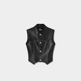 皮革壓線無袖背心