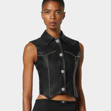 皮革壓線無袖背心