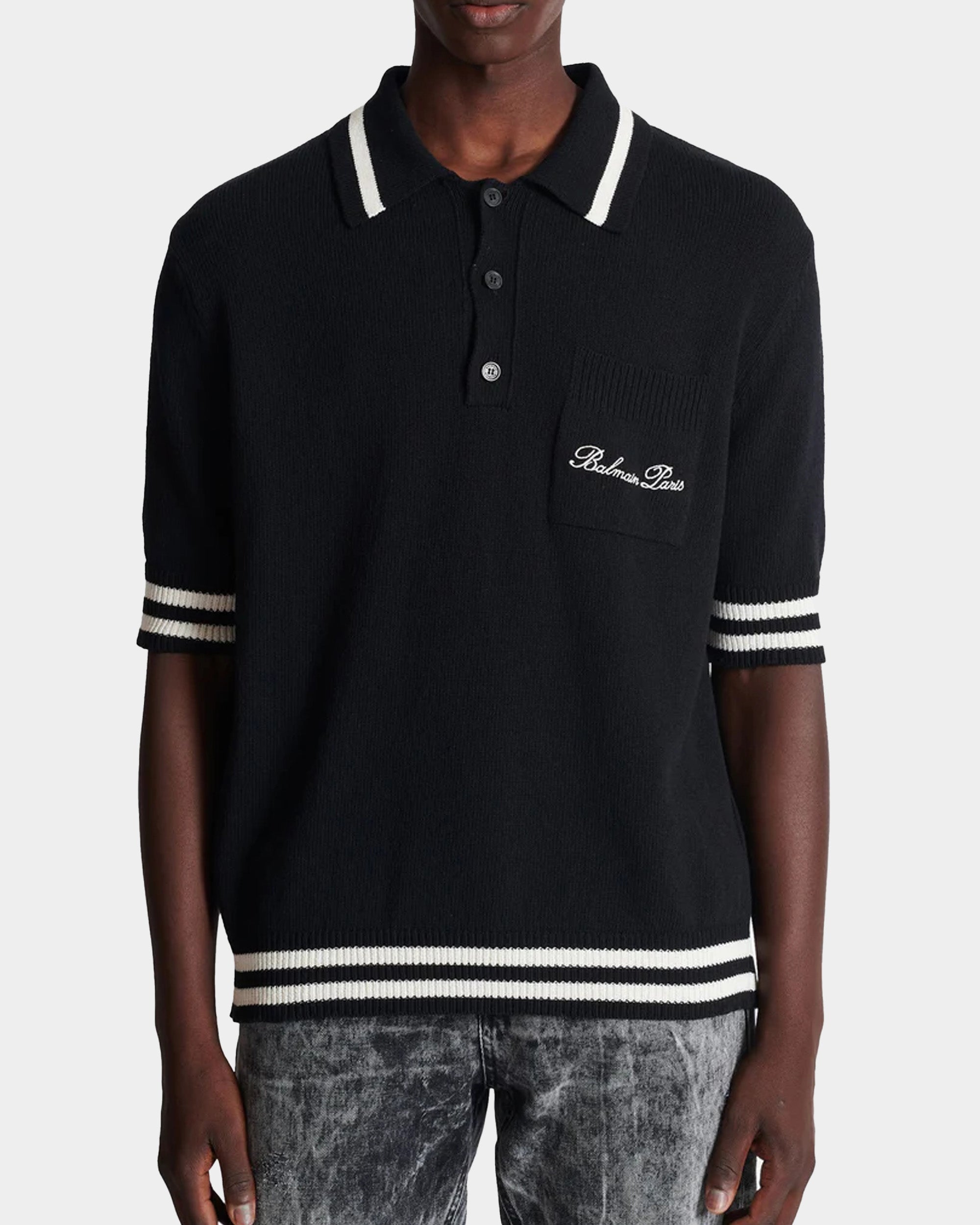 BALMAIN 條紋滾邊刺繡羊毛感 Polo 衫 - 黑