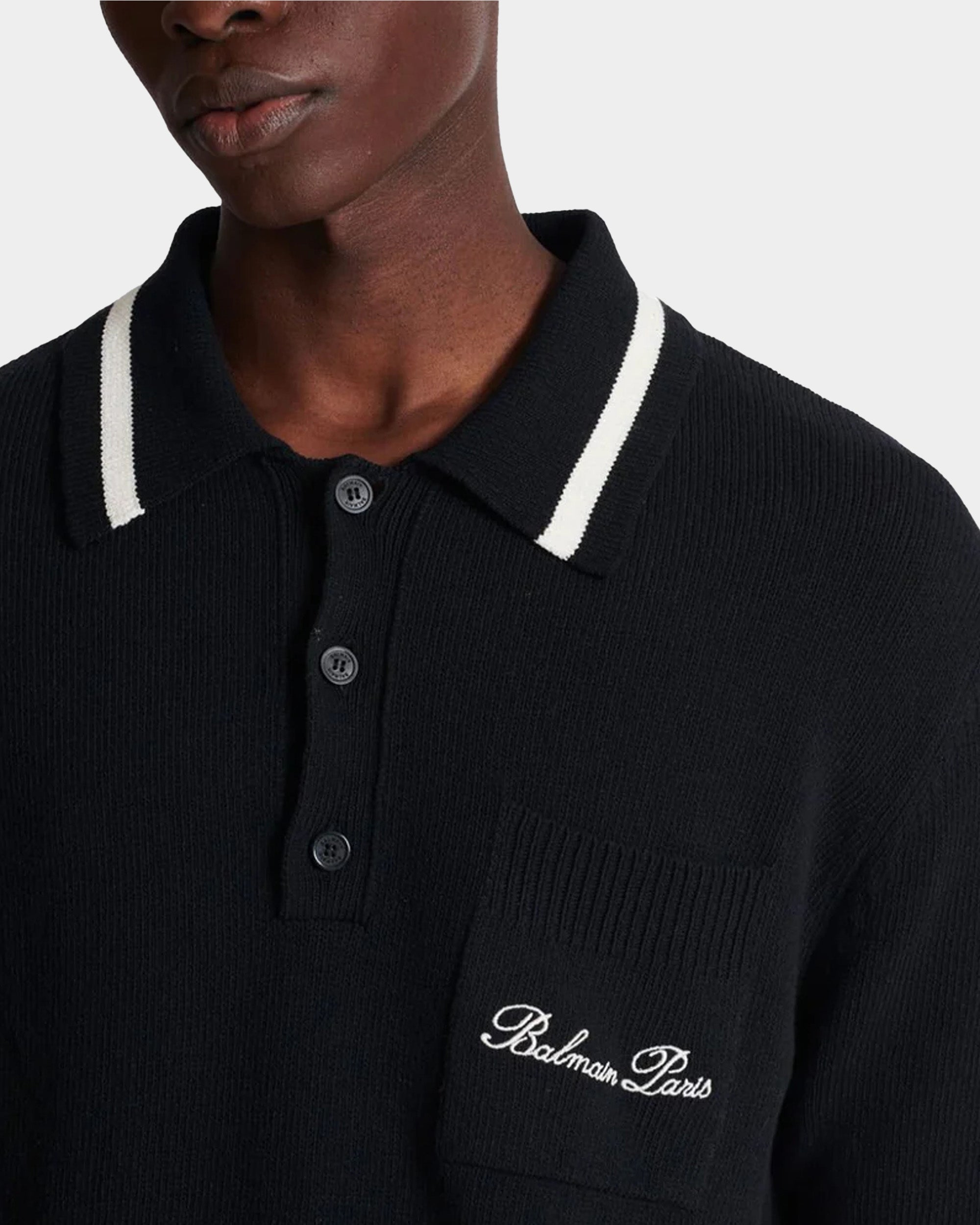 BALMAIN 條紋滾邊刺繡羊毛感 Polo 衫 - 黑