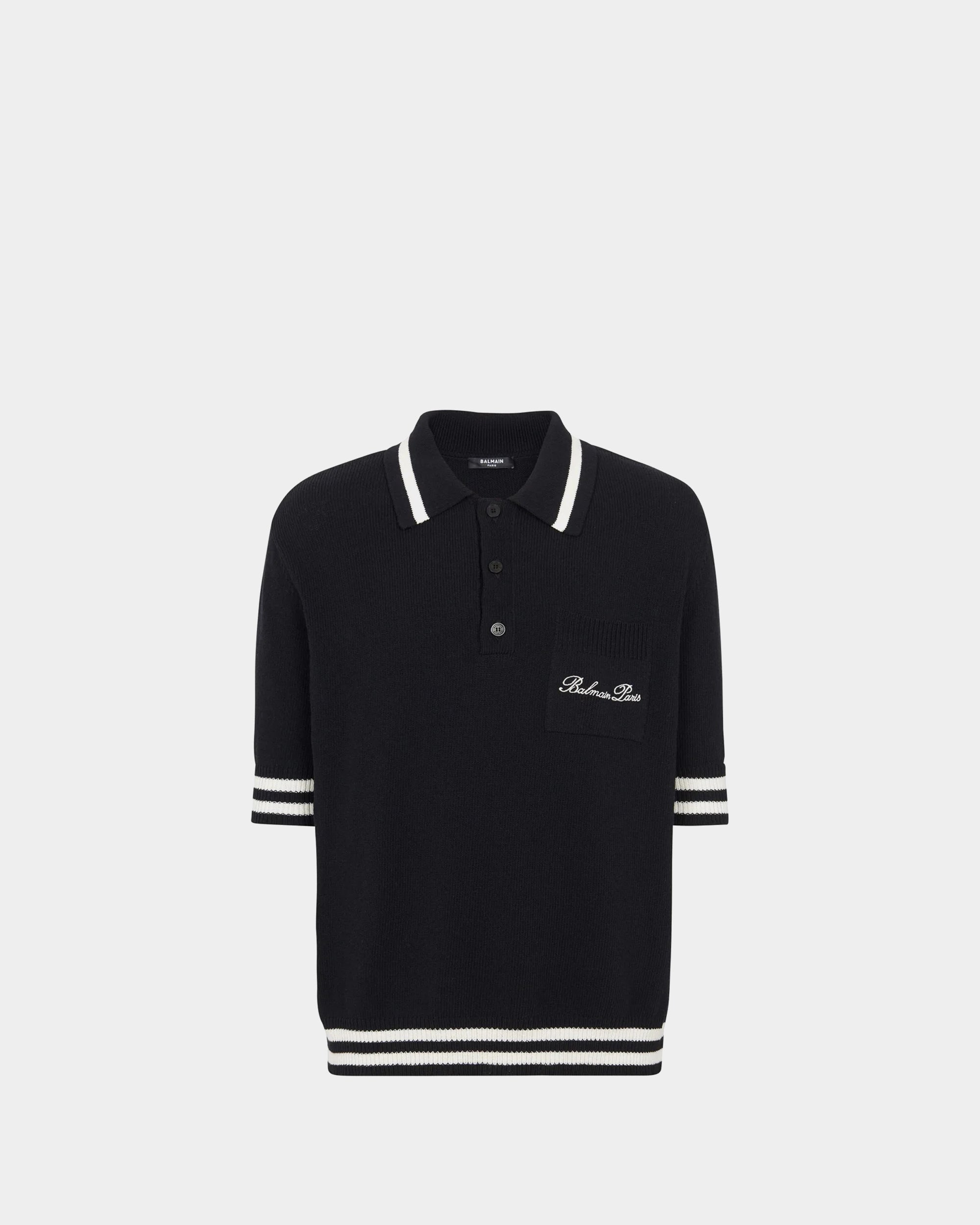 BALMAIN 條紋滾邊刺繡羊毛感 Polo 衫 - 黑