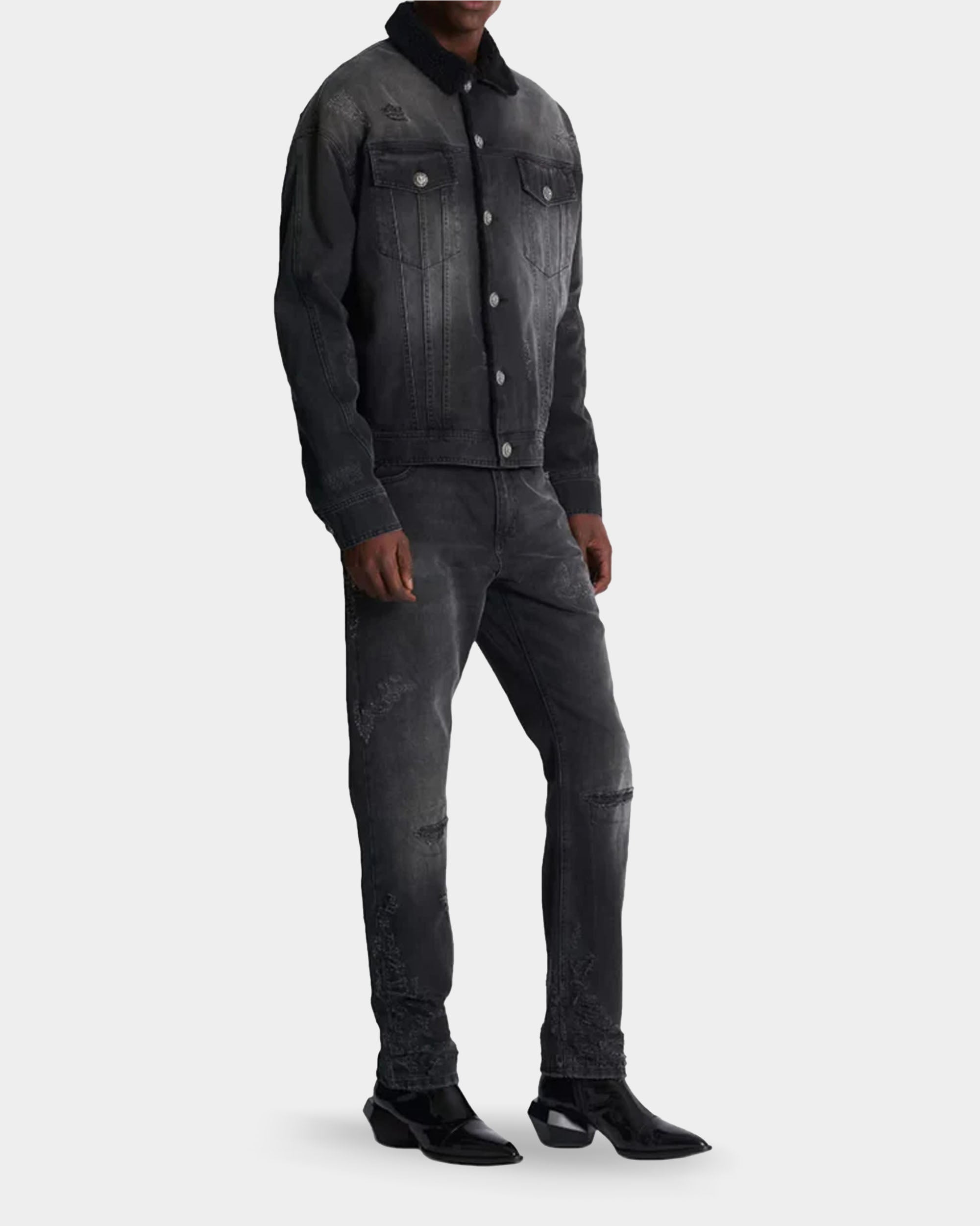 BALMAIN Denim jacket with ripped wool lining 