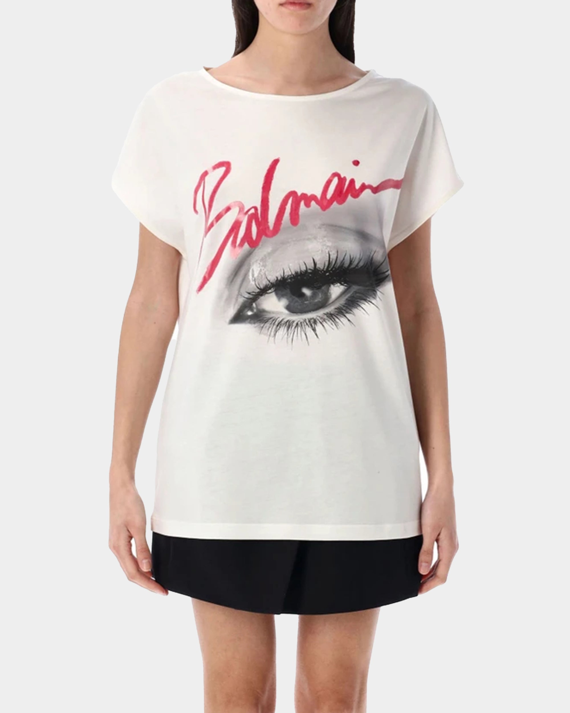 BALMAIN Eye 印花白色船領 T-Shirt