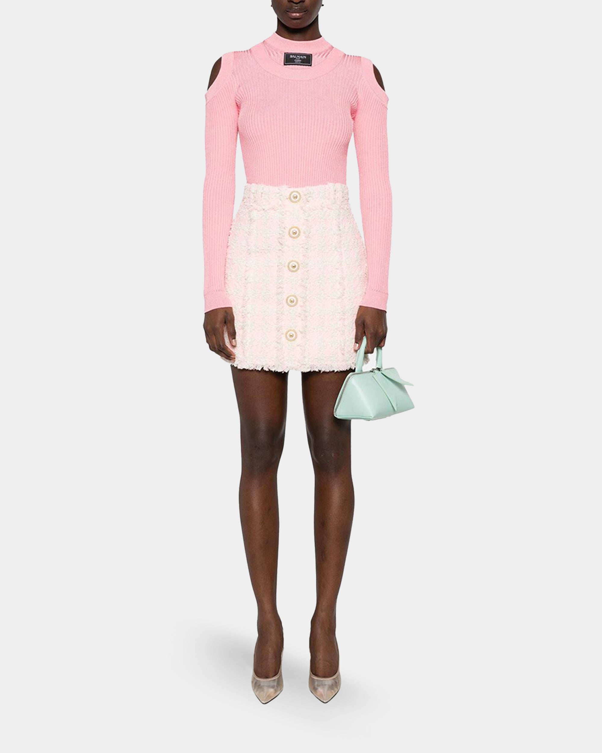 BALMAIN classic gold button pink wool high waist A-line skirt 