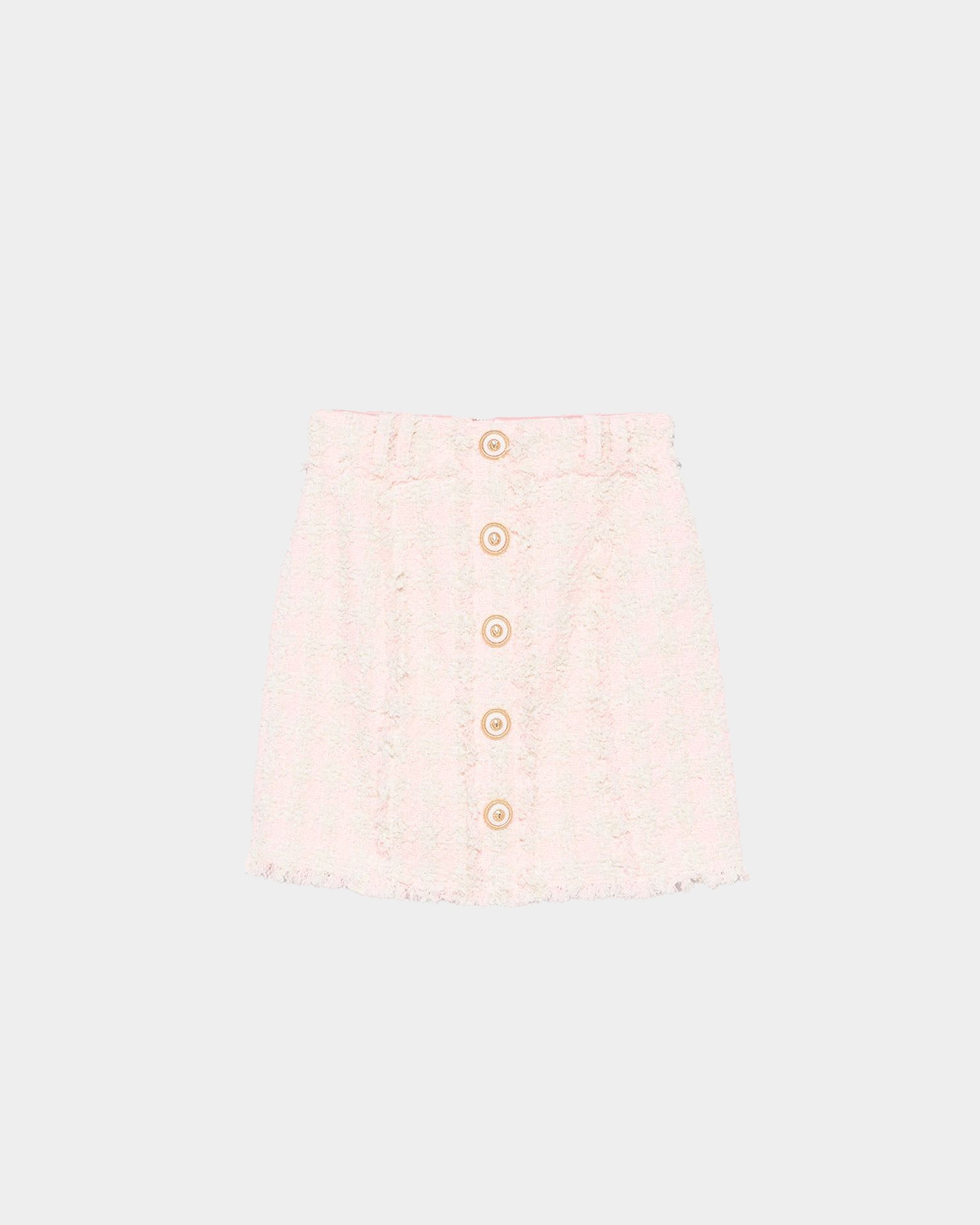 BALMAIN classic gold button pink wool high waist A-line skirt 