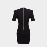 BALMAIN Gold Button V-Neck Slim Short-Sleeved Knit Dress 