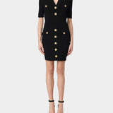 BALMAIN Gold Button V-Neck Slim Short-Sleeved Knit Dress 