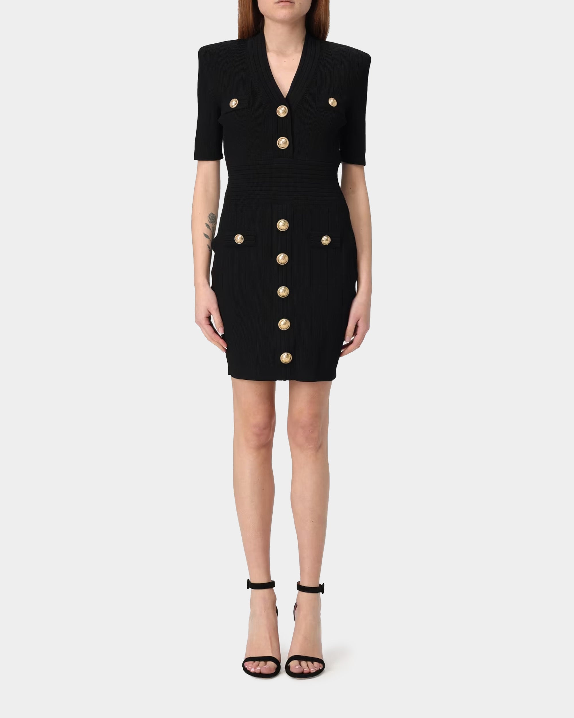 BALMAIN 金鈕釦V領修身短袖針織洋裝