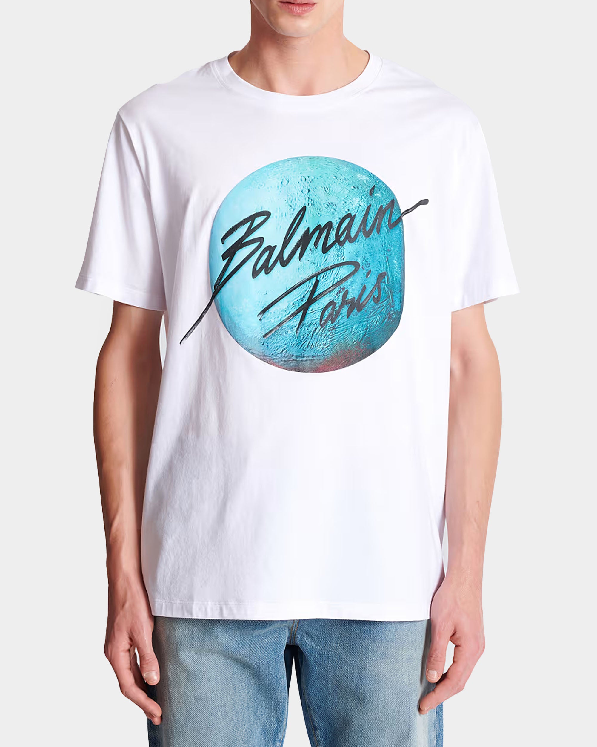 BALMAIN 藍星球印花白色 T-shirt