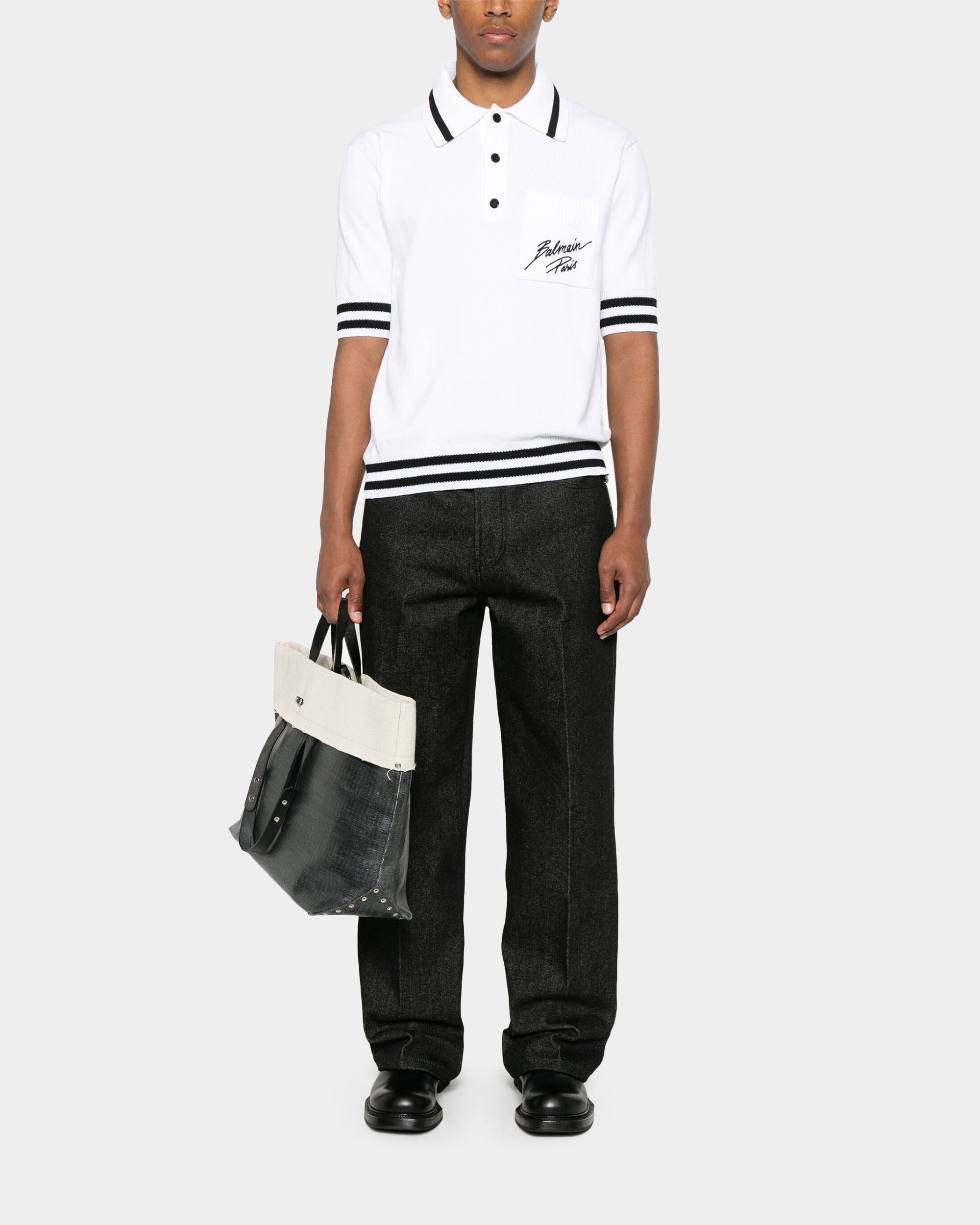 BALMAIN 條紋滾邊刺繡羊毛感 Polo 衫 - 白