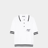 BALMAIN Striped Piping Embroidered Wool Polo Shirt - White 