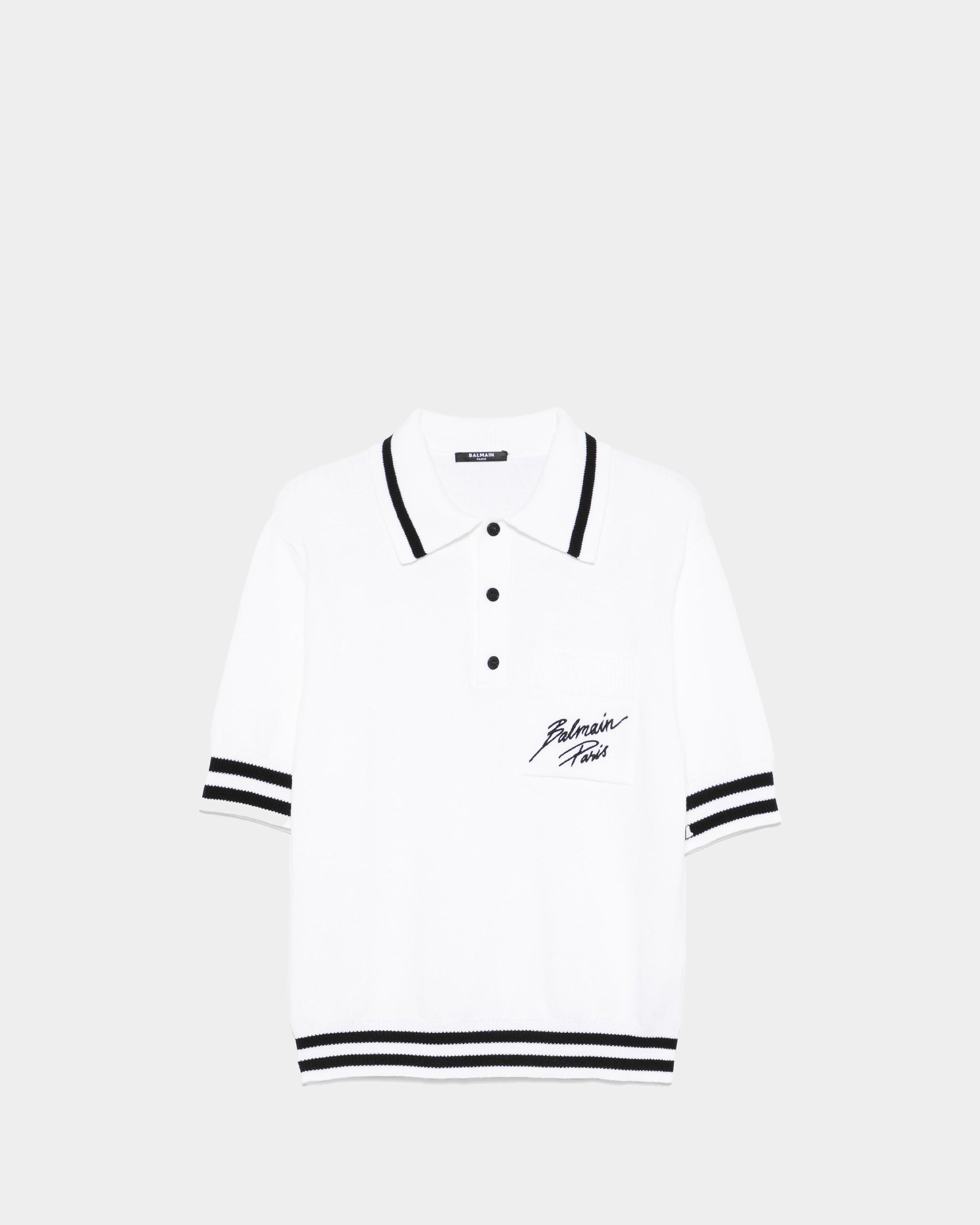 BALMAIN 條紋滾邊刺繡羊毛感 Polo 衫 - 白