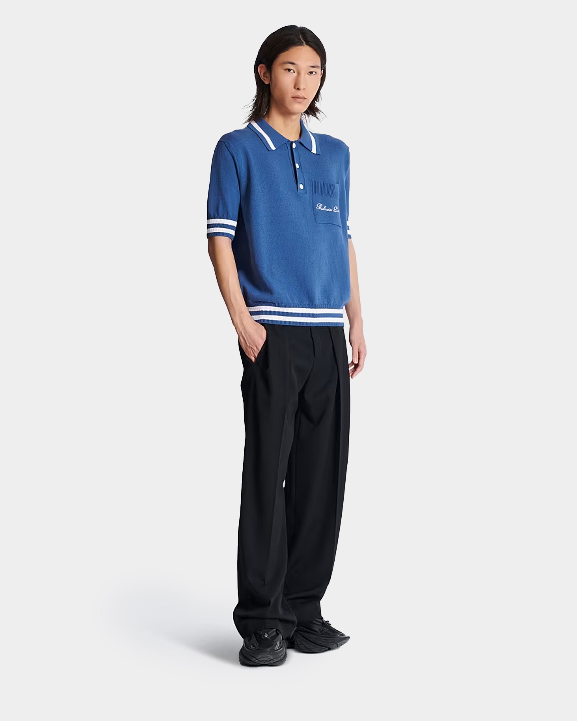 條紋滾邊刺繡羊毛感 Polo 衫 - 藍