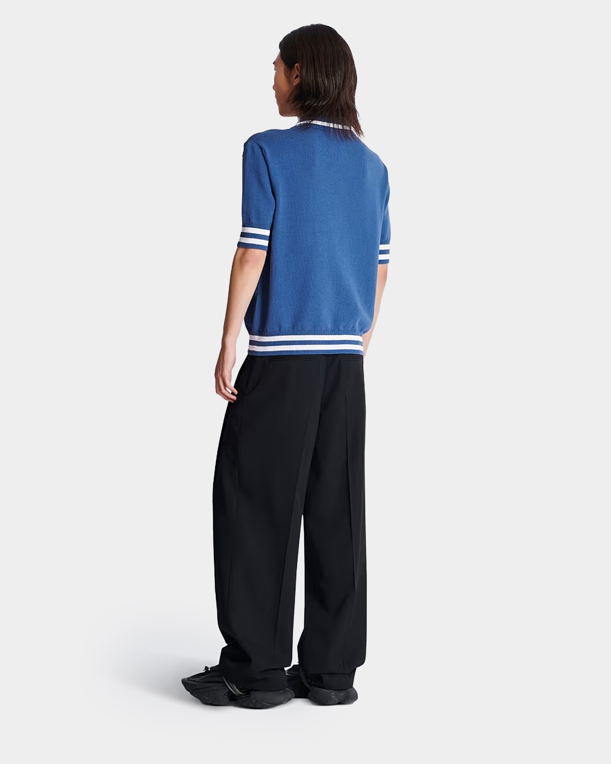 BALMAIN Striped Piping Embroidered Wool Polo Shirt - Blue 