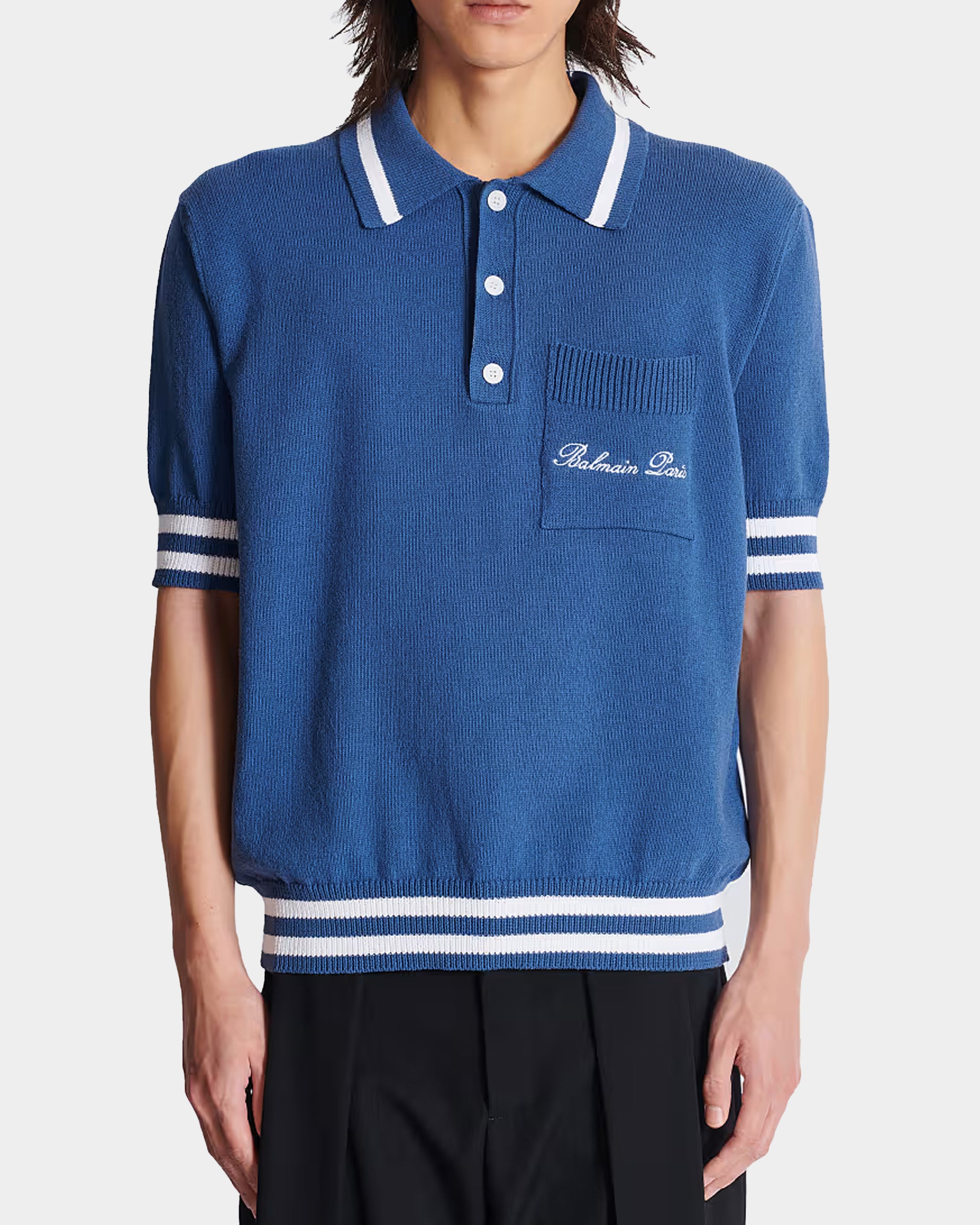 BALMAIN Striped Piping Embroidered Wool Polo Shirt - Blue 