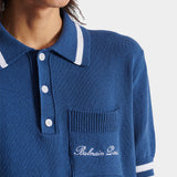 BALMAIN Striped Piping Embroidered Wool Polo Shirt - Blue 