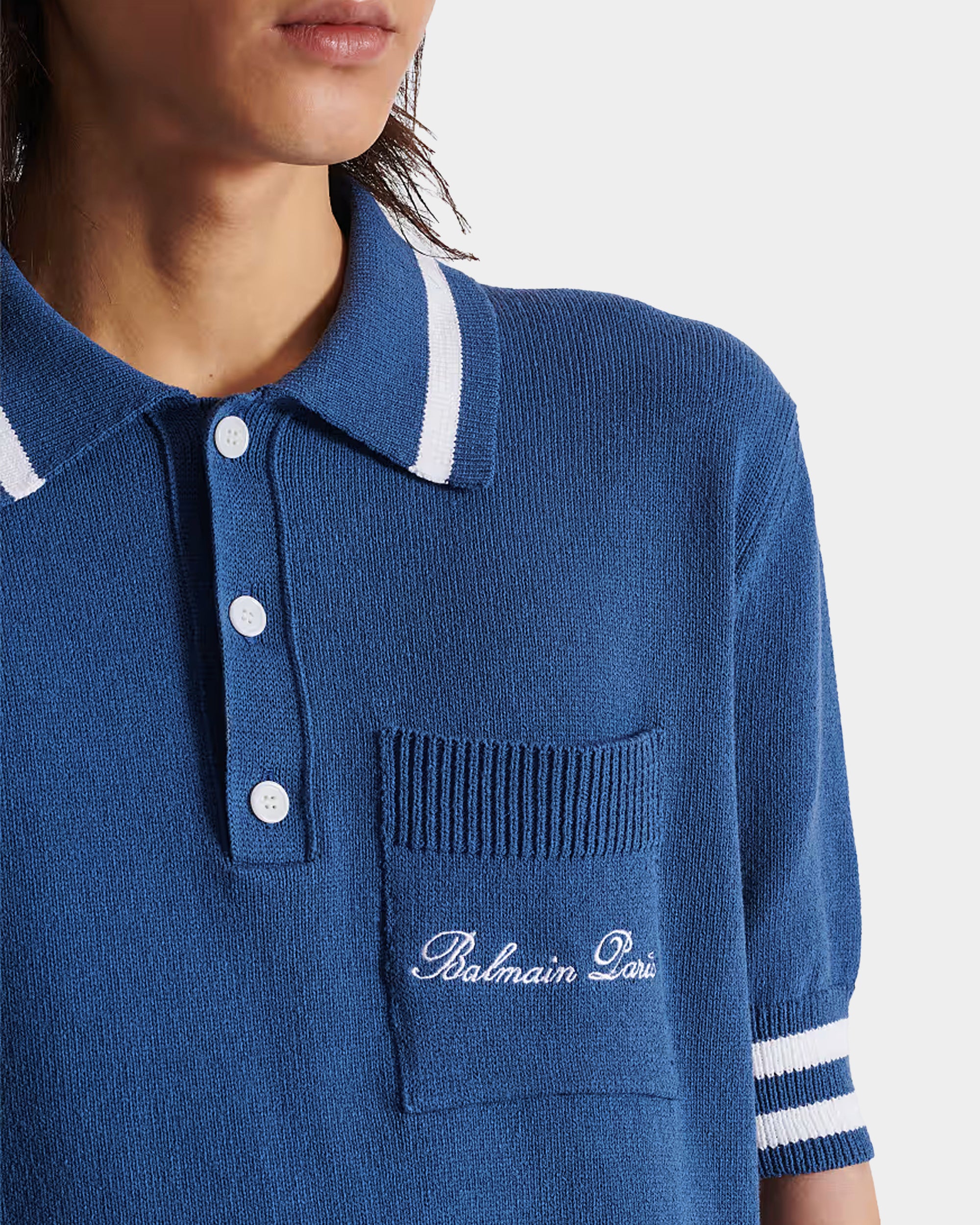 BALMAIN Striped Piping Embroidered Wool Polo Shirt - Blue 