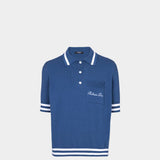 BALMAIN Striped Piping Embroidered Wool Polo Shirt - Blue 