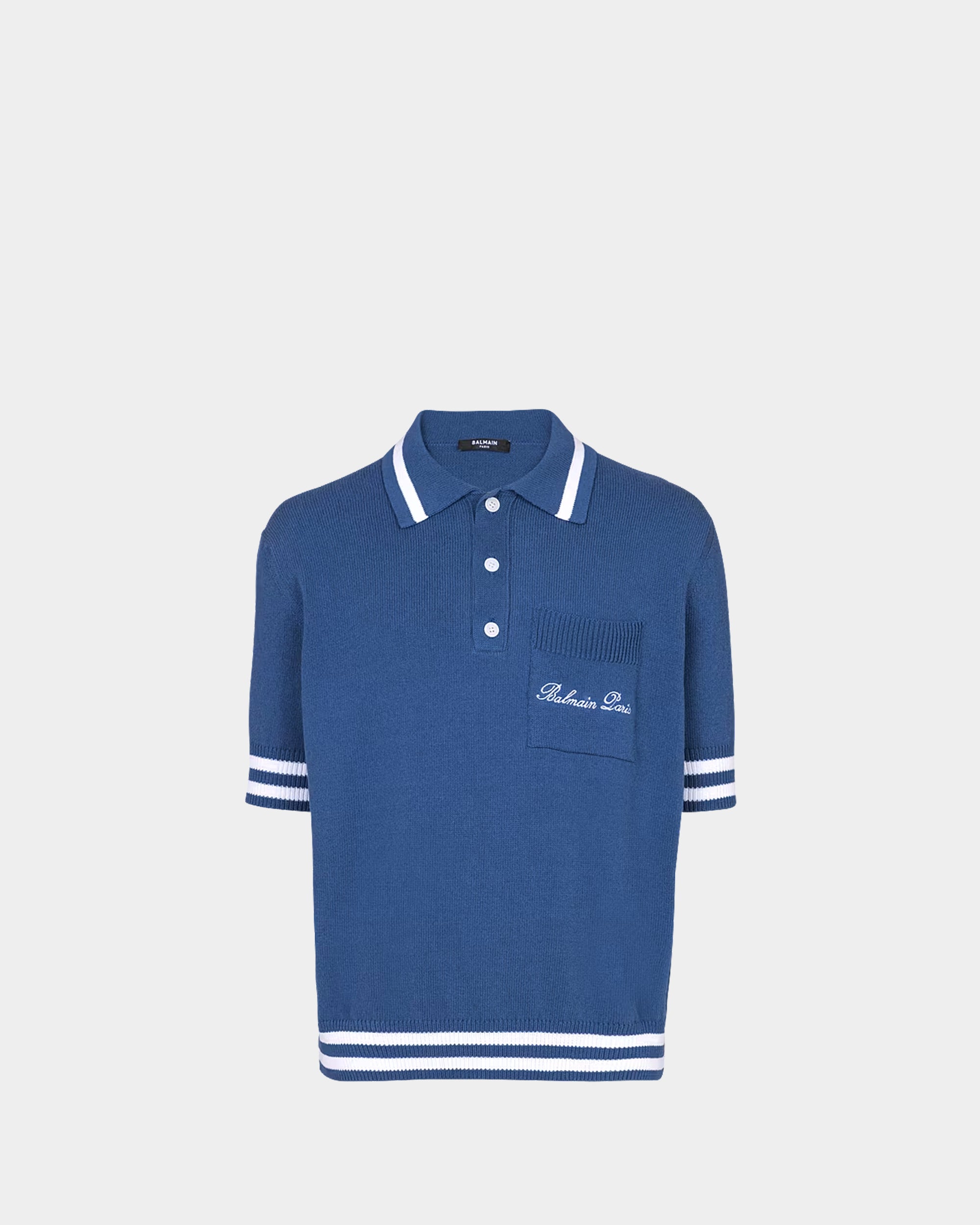 條紋滾邊刺繡羊毛感 Polo 衫 - 藍