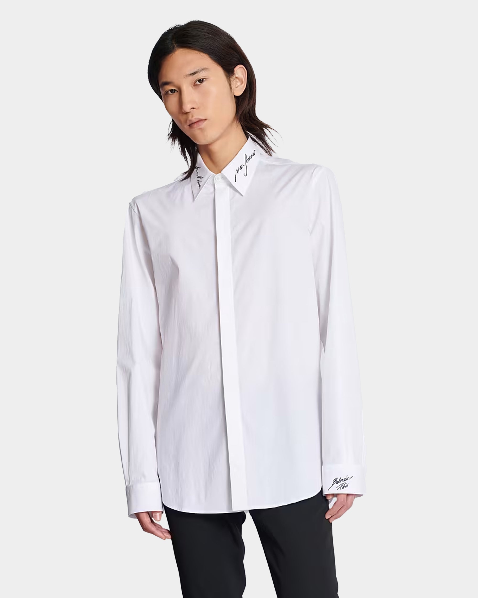 BALMAIN White poplin shirt with embroidered collar 