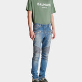 BALMAIN blue patchwork slim-fit jeans 