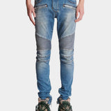 BALMAIN blue patchwork slim-fit jeans 