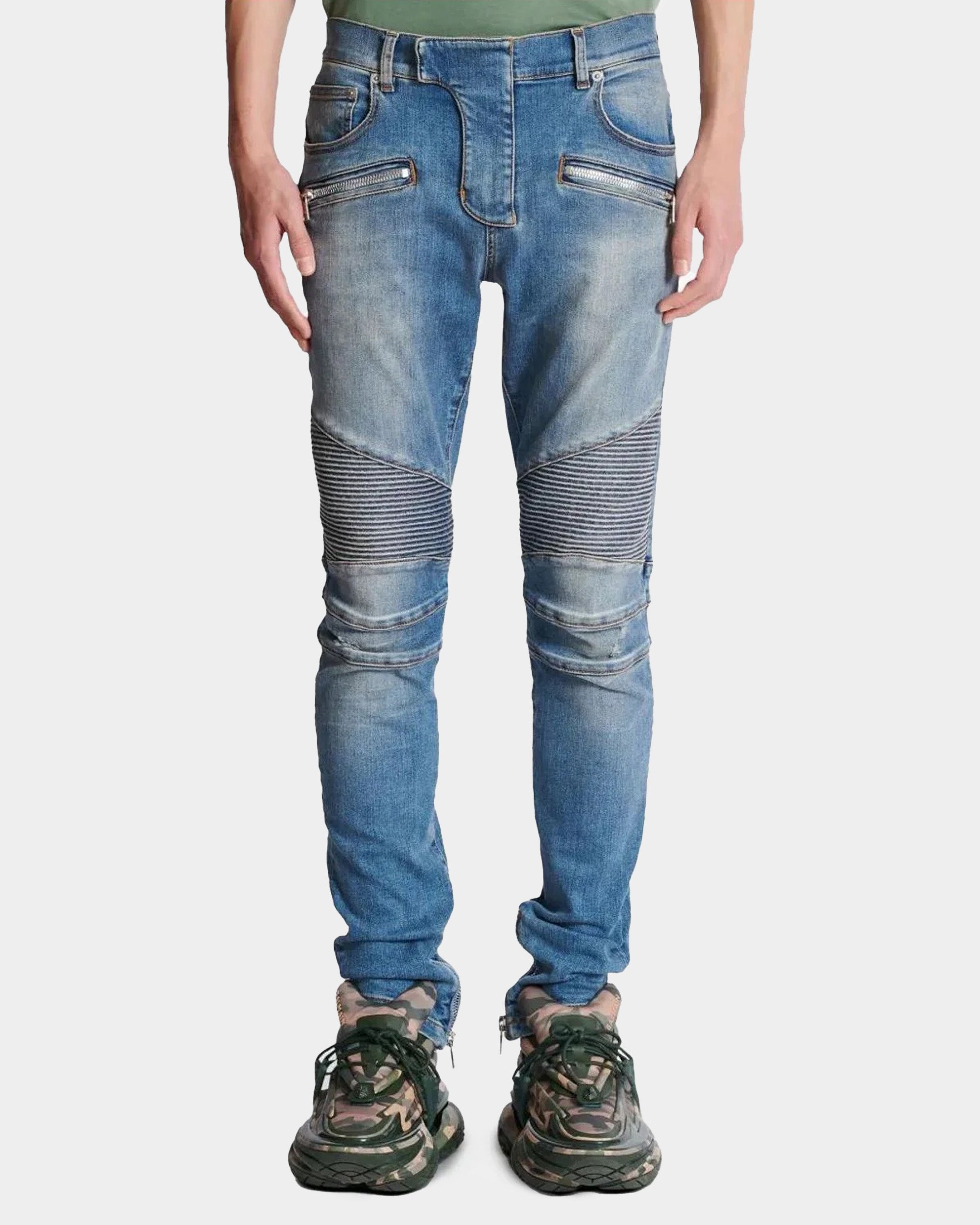 BALMAIN 藍色拼接修身牛仔褲