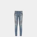 BALMAIN blue patchwork slim-fit jeans 