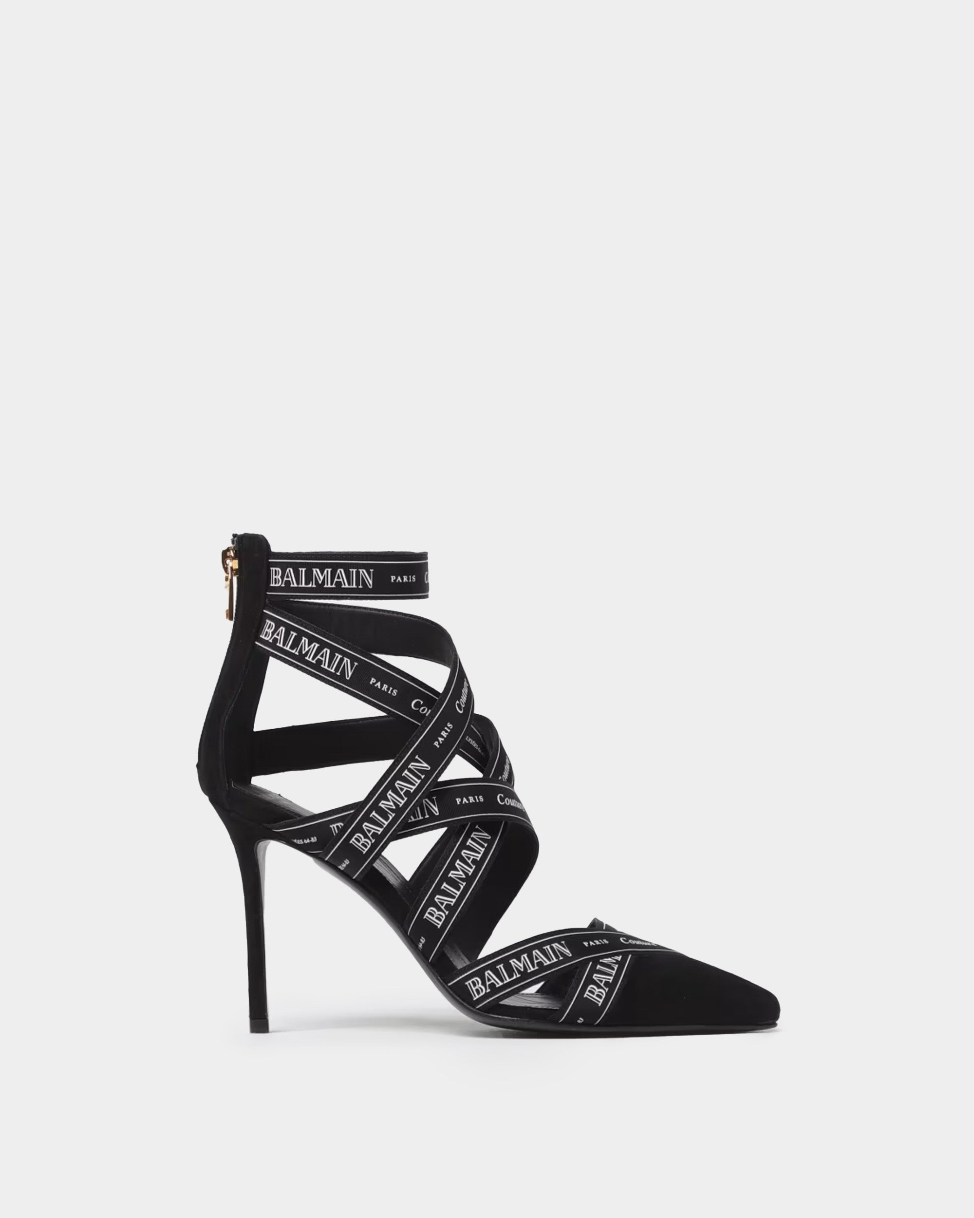 BALMAIN LOGO織帶綁帶高跟涼鞋