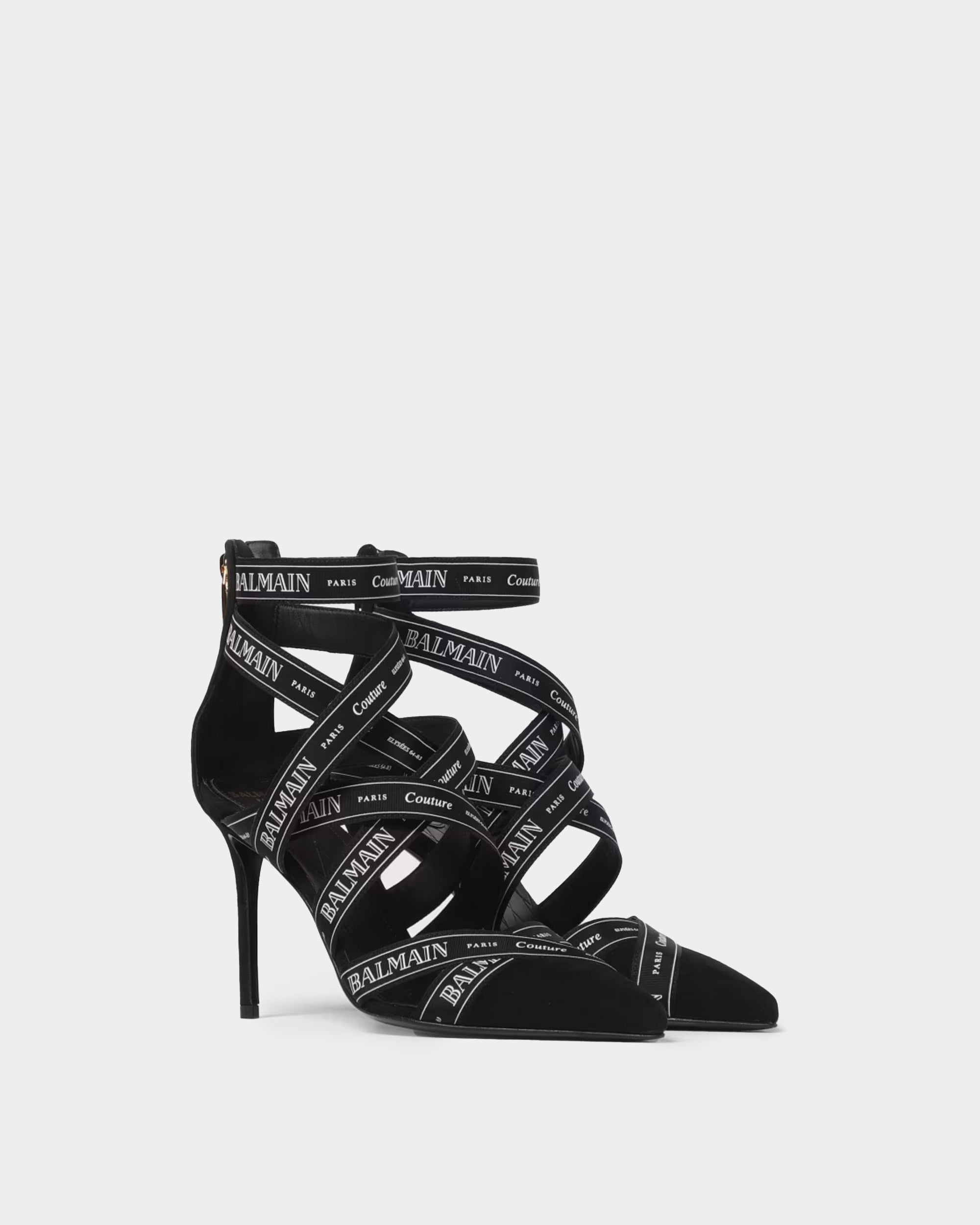 BALMAIN LOGO織帶綁帶高跟涼鞋