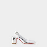 CHRISTIAN LOUBOUTIN Minny Sling 銀色鏡面 5.5 cm 粗跟鞋