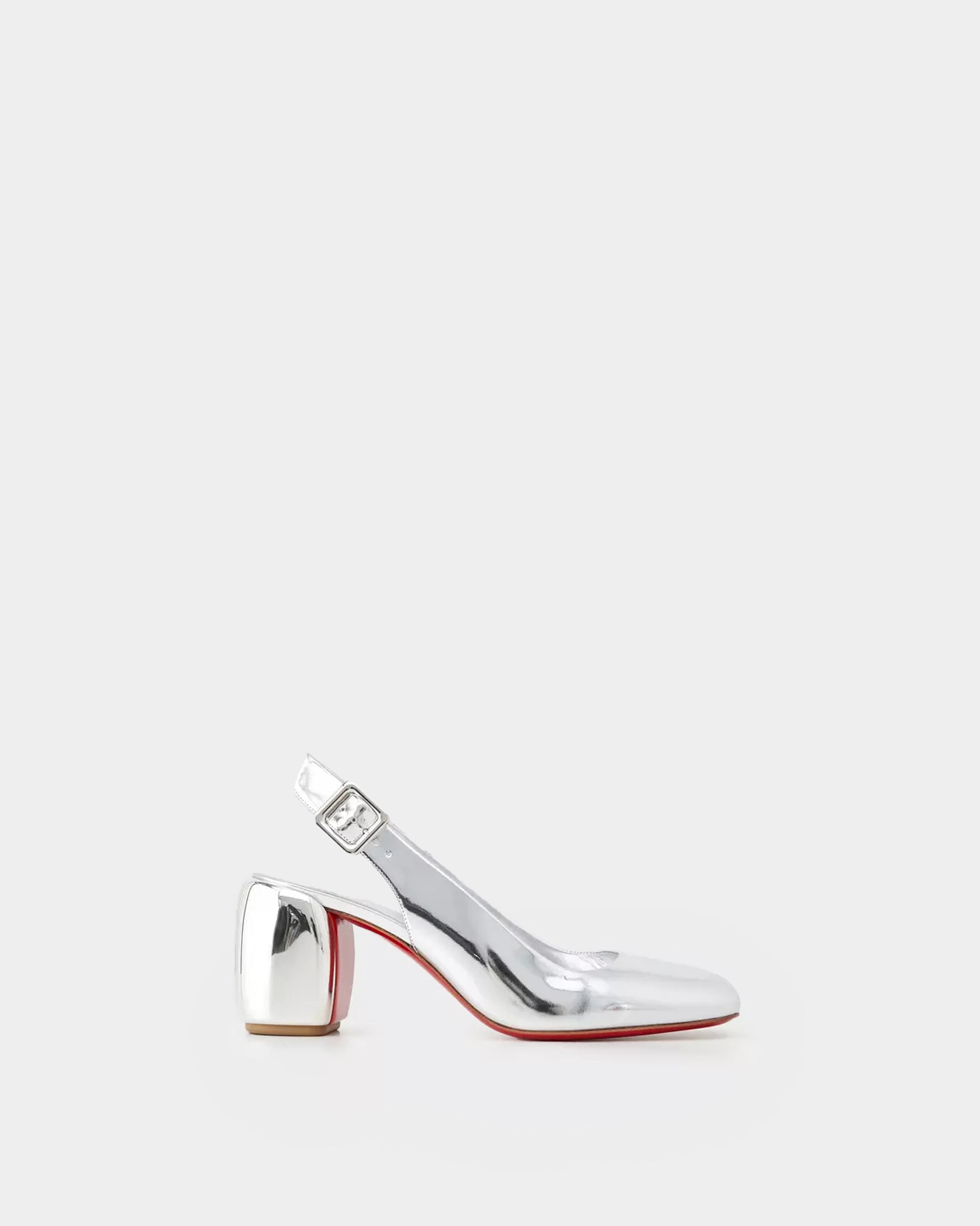CHRISTIAN LOUBOUTIN Minny Sling 銀色鏡面 5.5 cm 粗跟鞋