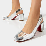 CHRISTIAN LOUBOUTIN Minny Sling 銀色鏡面 5.5 cm 粗跟鞋
