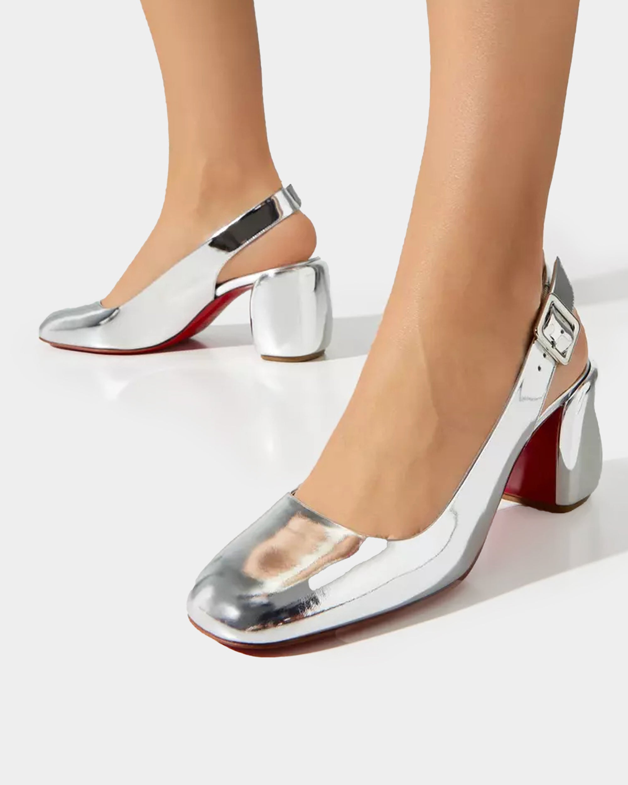 CHRISTIAN LOUBOUTIN Minny Sling 銀色鏡面 5.5 cm 粗跟鞋