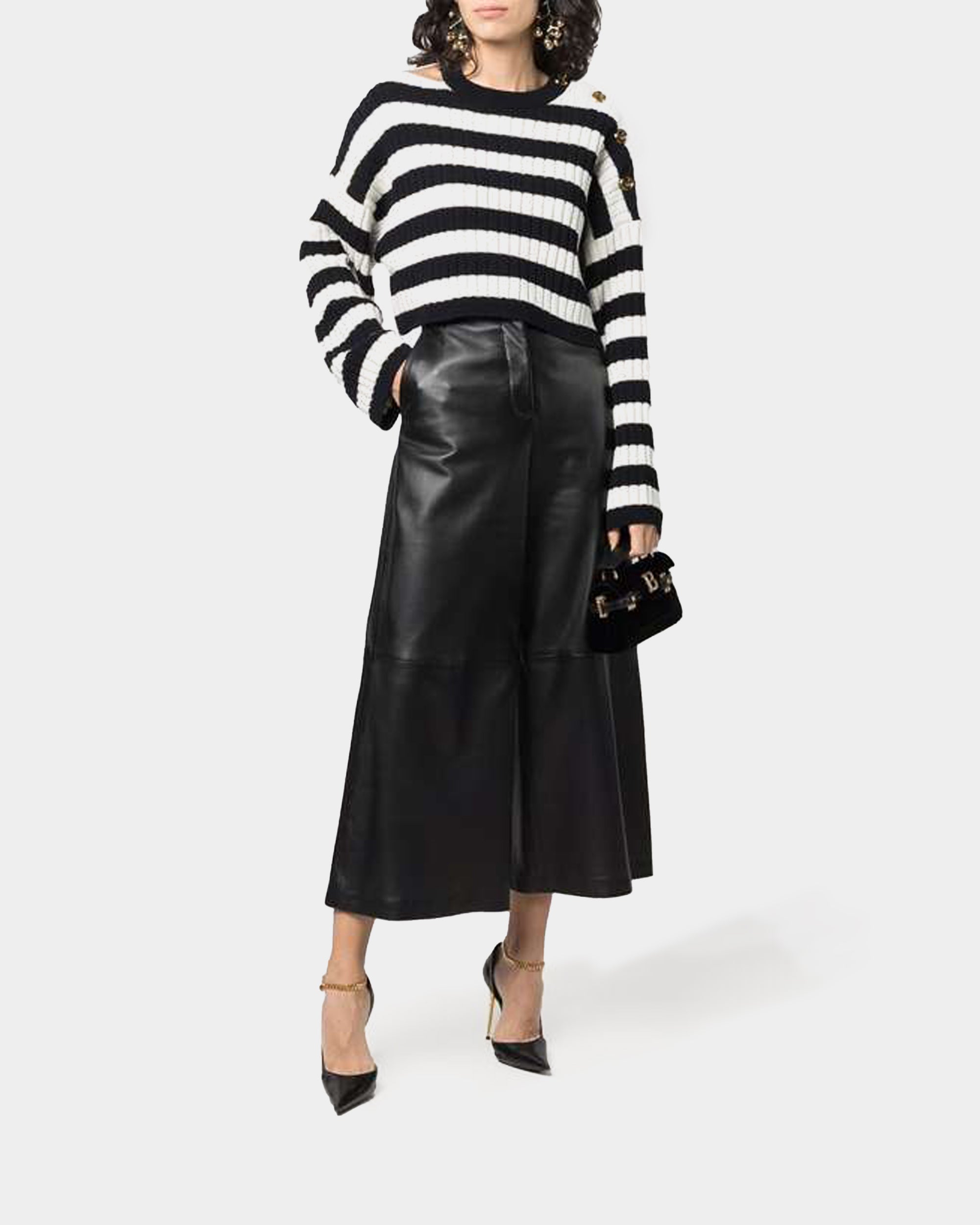 BALMAIN OVERSIZED 肩飾釦條紋短版針織衫