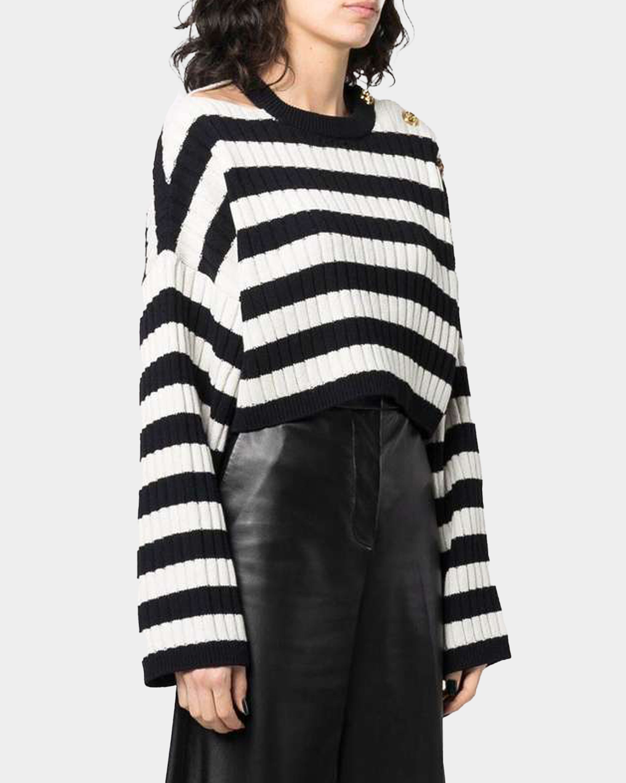 BALMAIN OVERSIZED 肩飾釦條紋短版針織衫
