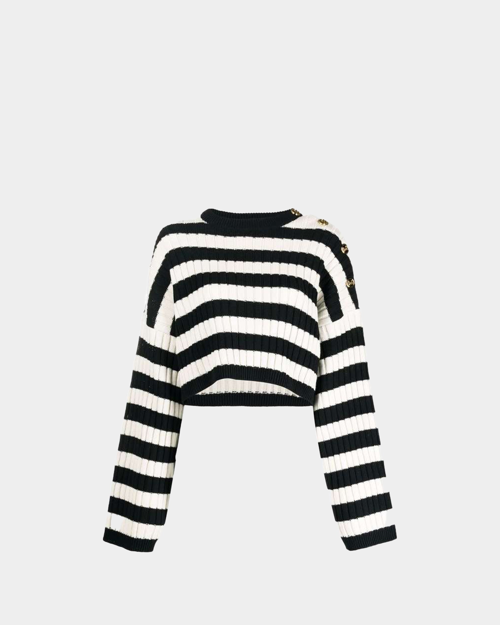 BALMAIN OVERSIZED 肩飾釦條紋短版針織衫